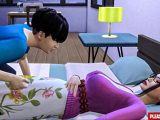 Stiefzoon neukt de Koreaanse stepmom Aziatische stiefmoeder deelt hetzelfde flowerbed met haar stiefzoon in de hotelkamer