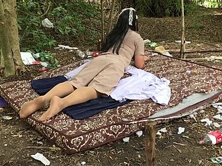 Thai ladyboy teacher solitary open-air